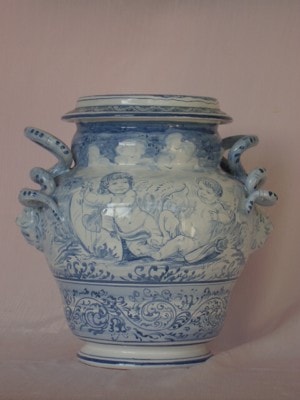 Albisola ceramics Art -  Pammattone, Apothecary's pots, in majolica, painted in Old Savona.
